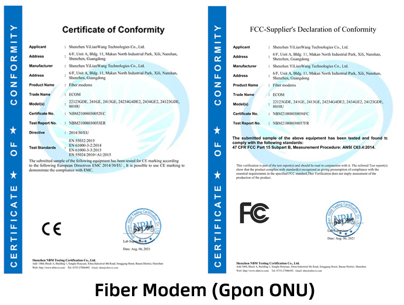 光猫 GPON ONU CE FCC认证